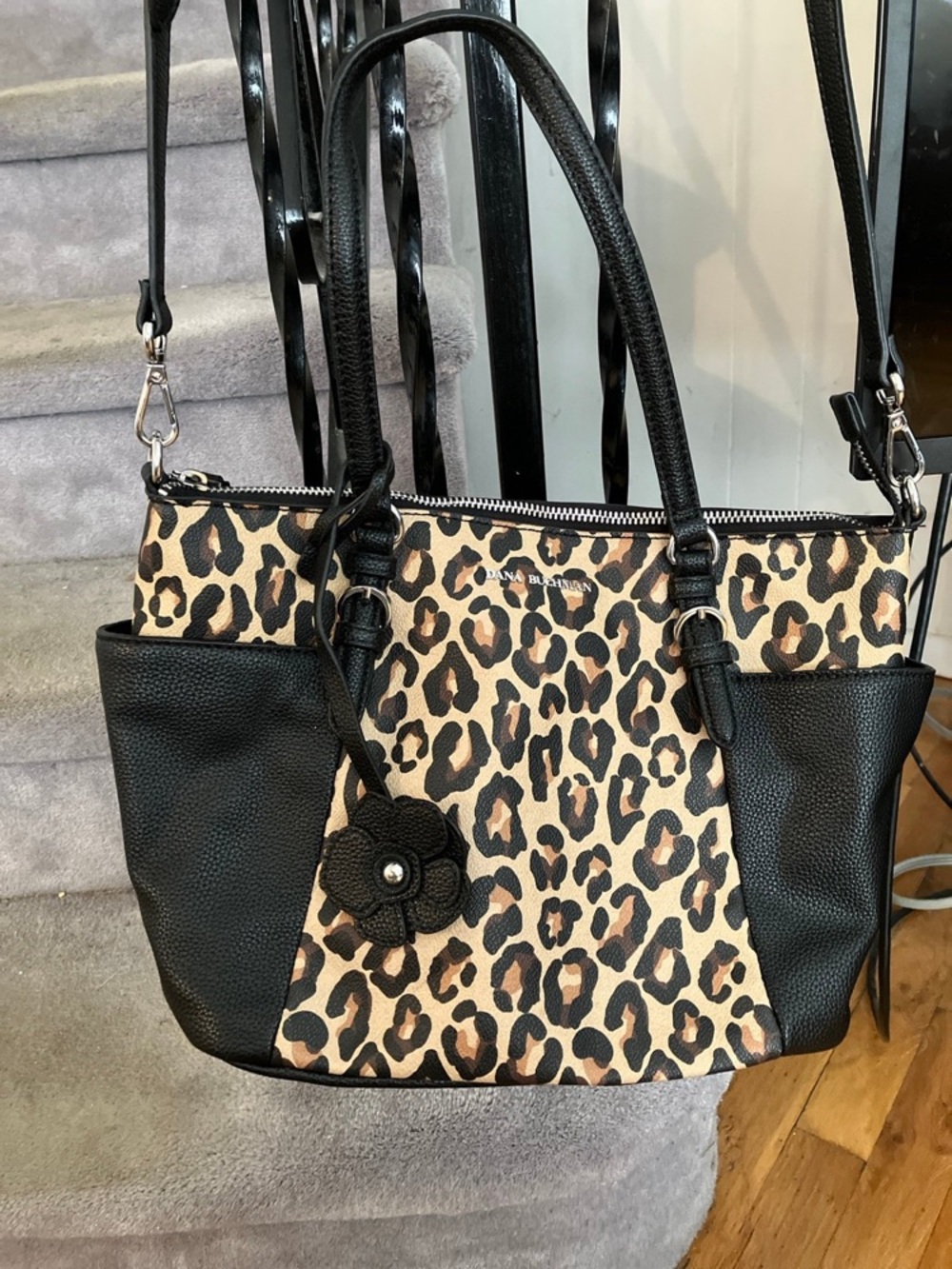 Leopard Print Tote with Black Trim by